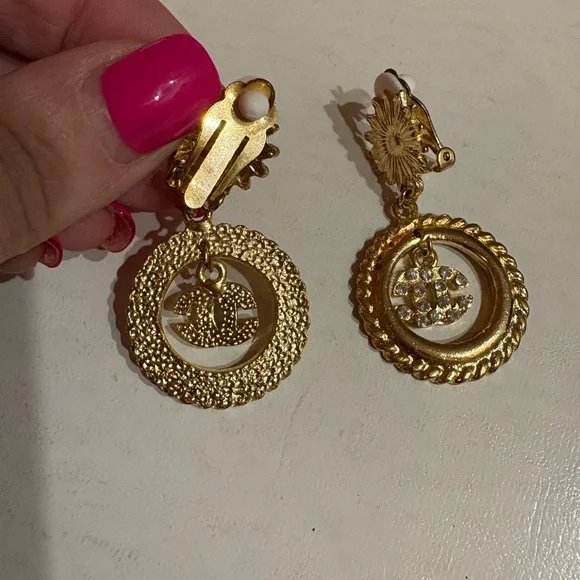 Chanel Gold-Tone Crystal Drop Clip-On Earrings - Picture 6 of 7